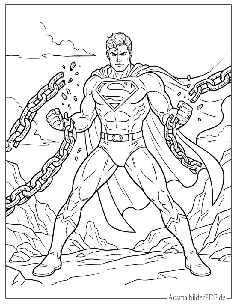 Vorlage von Superman, wie er schwere Ketten zerbricht, perfekt zum Ausmalen für Kinder, spannendes Superheldenbild