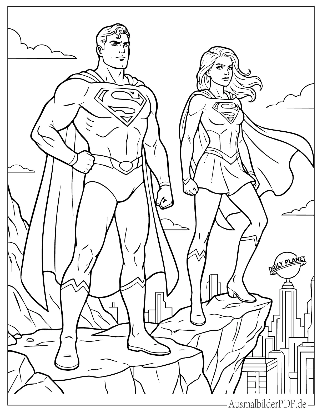 Superman Ausmalbilder (Kostenlos Vorlagen zum Ausdrucken) Druckvorlage von Superman und Supergirl zusammen, perfekt für Kinder zum Ausmalen, Ausdrucken und kreativen Spaß