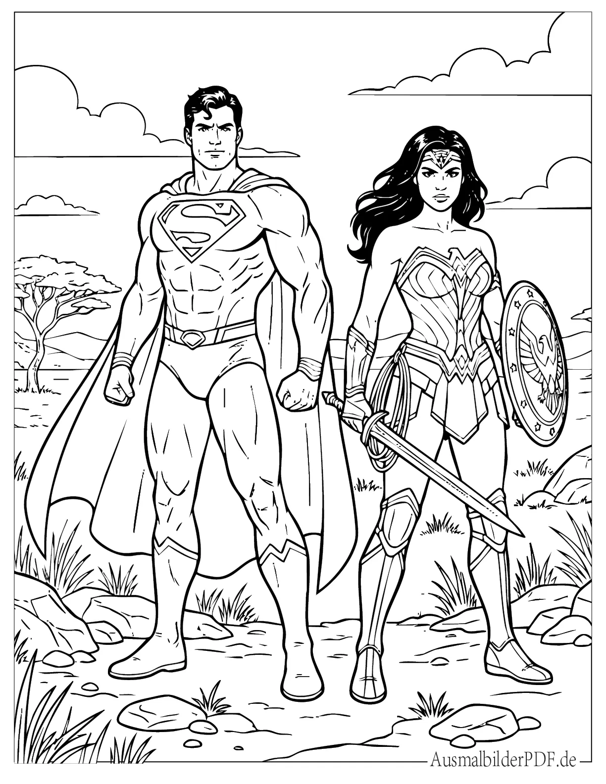 Superman Ausmalbilder (Kostenlos Vorlagen zum Ausdrucken) Superman steht mit Wonder Woman bereit für Action zum Ausmalen