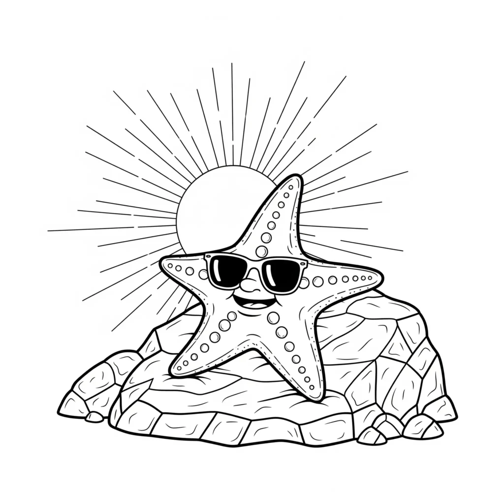 Seestern Ausmalbilder (Gratis Malvorlage zum Ausdrucken) Süßer Seestern mit Sonnenbrille Ausmalbild lustige pdf malvorlage zum ausdrucken und kreativ gestalten im sommer