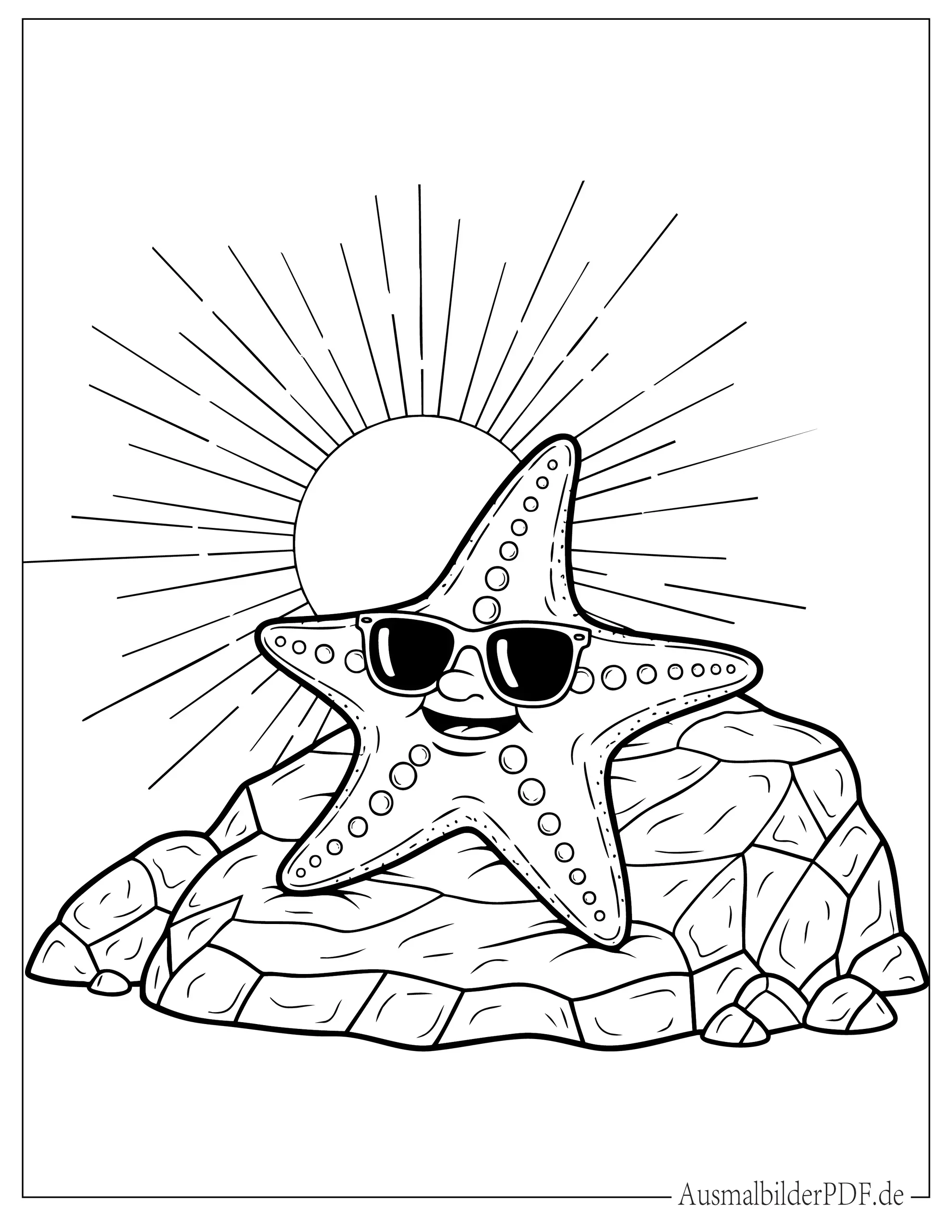 Süßer Seestern mit Sonnenbrille ruht auf Felsen Ausmalbild