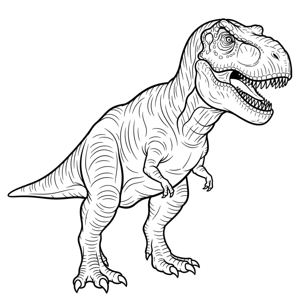 T-Rex als Ausmalbild – ein großer Dino mit offenem Maul, perfekt für Kinder zum Ausmalen auf Papier.