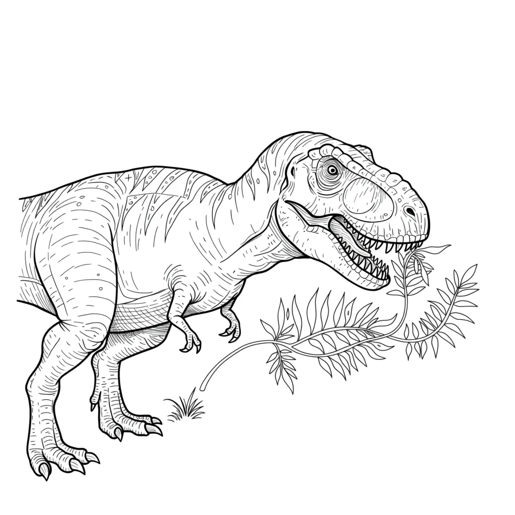 Ausmalbild eines T-Rex, der Blätter frisst, ideal für Kinder, die Dinosaurier und Pflanzen lieben.