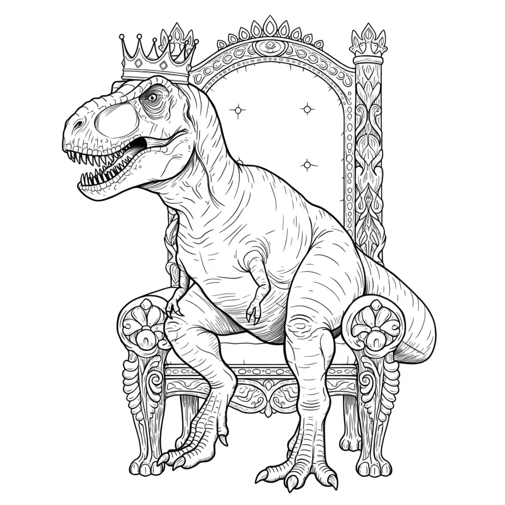 Ausmalbild eines T-Rex mit einer prächtigen Krone auf dem Kopf – perfekt für kleine Dino-Künstler zum Ausmalen.