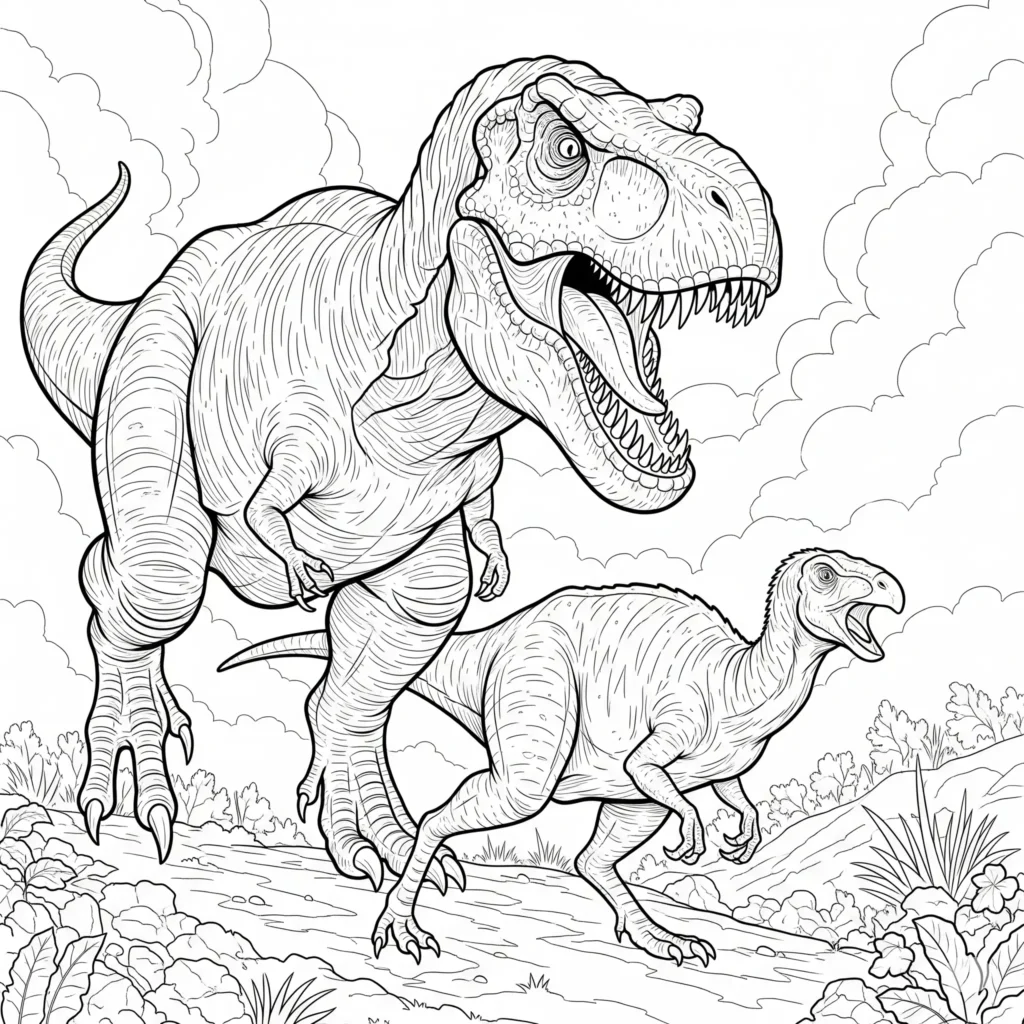 T-Rex Malvorlage mit einem stehenden Dinosaurier – ideal für Kinder, die Dinos lieben und gerne malen.