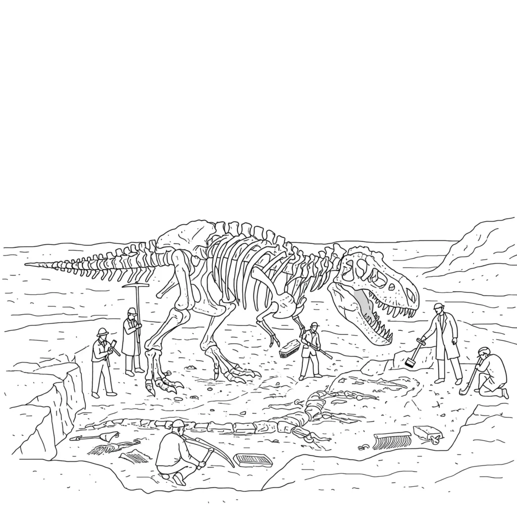 Ausmalbild mit einem T-Rex Skelett an einer Fossilien Ausgrabungsstelle – ideal für Kinder mit Interesse an Dinosauriern und Archäologie.