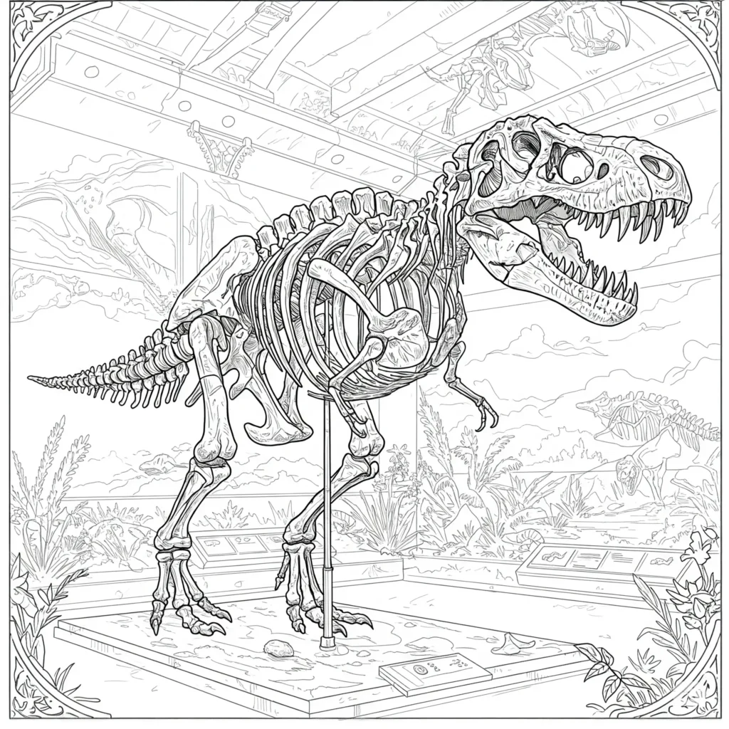 Ausmalbild eines T-Rex Skeletts im Museum, ideal für Kinder, die sich für Dinosaurier und Geschichte interessieren.