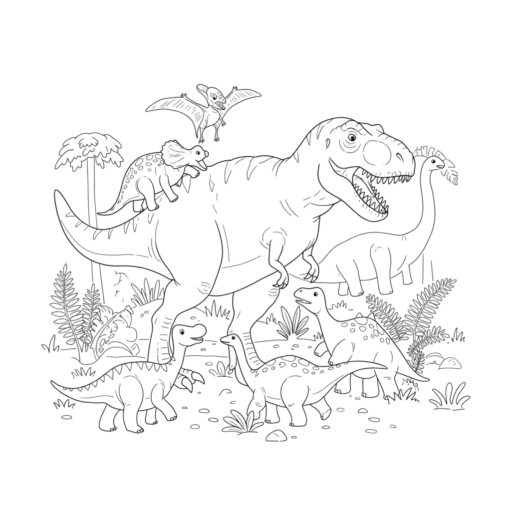 Ausmalbild mit einem T-Rex, der fröhlich mit anderen Dinosauriern spielt – perfekt für Kinder, die Dinos lieben.