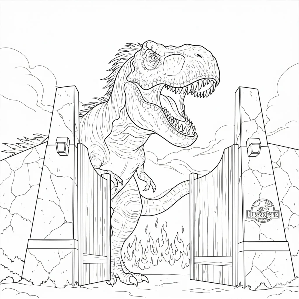 Jurassic Park ausmalbild mit einem brüllenden T-Rex direkt vor dem ikonischen Eingangstor – spannendes Motiv für Kinder zum Ausmalen