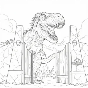 Jurassic Park ausmalbild mit einem brüllenden T-Rex direkt vor dem ikonischen Eingangstor – spannendes Motiv für Kinder zum Ausmalen