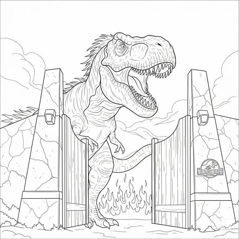 Jurassic Park ausmalbild mit einem brüllenden T-Rex direkt vor dem ikonischen Eingangstor – spannendes Motiv für Kinder zum Ausmalen