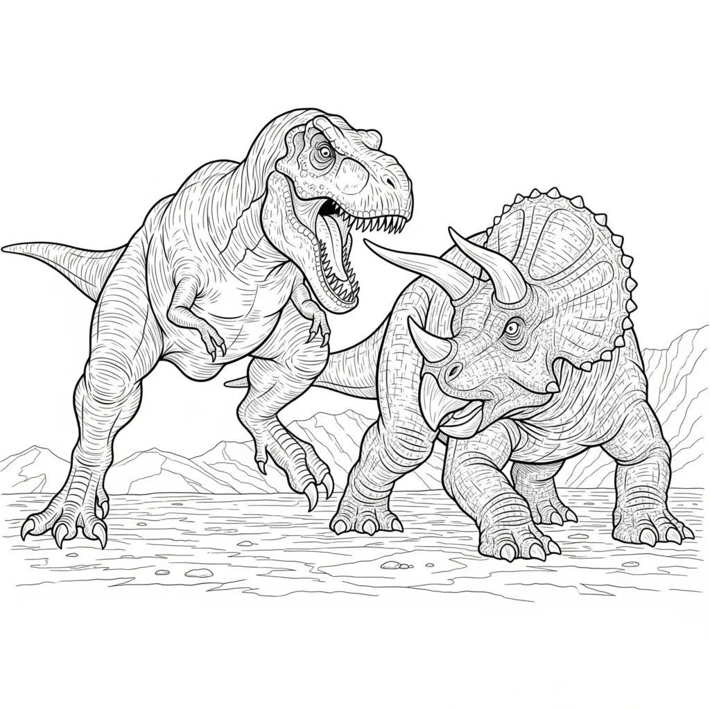 Ausmalbild mit T-Rex und Triceratops – zwei Dinosaurier stehen sich gegenüber, perfekt für Dino-Fans zum Ausmalen.