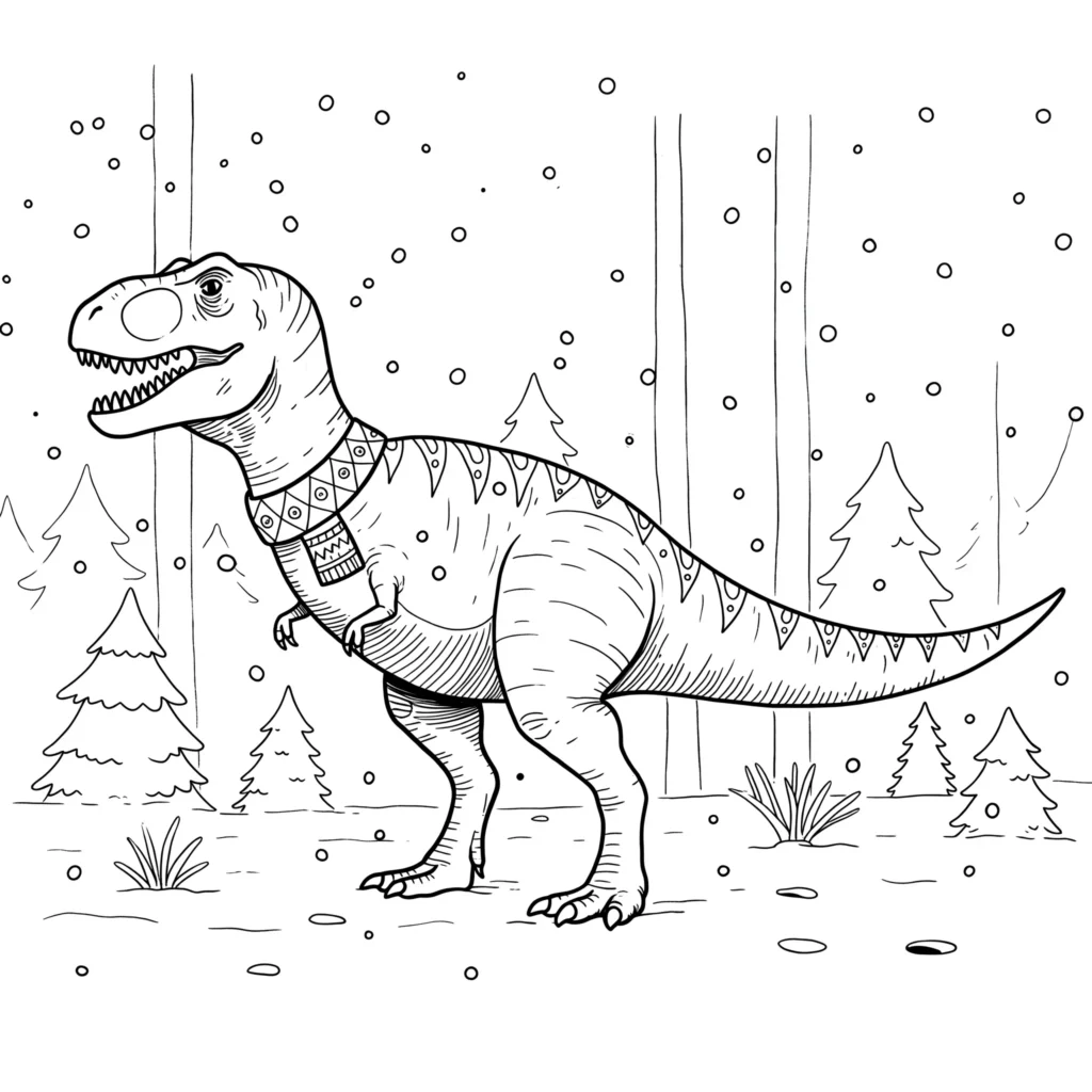 Ausmalbild eines T-Rex im Winter mit Schnee und frostiger Landschaft, ideal für Kinder zum Ausmalen.