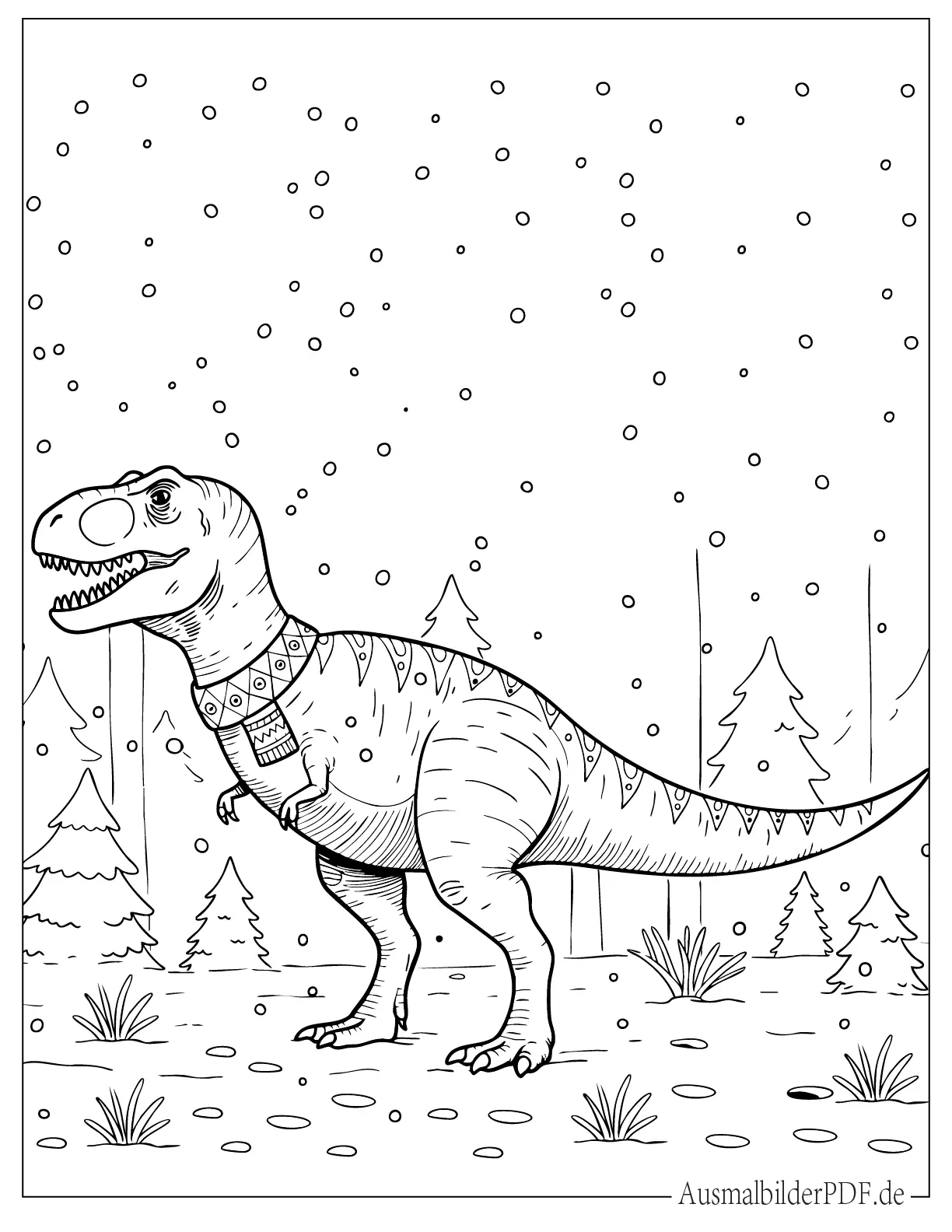 Dinosaurier T-Rex im verschneiten Winter Malbild