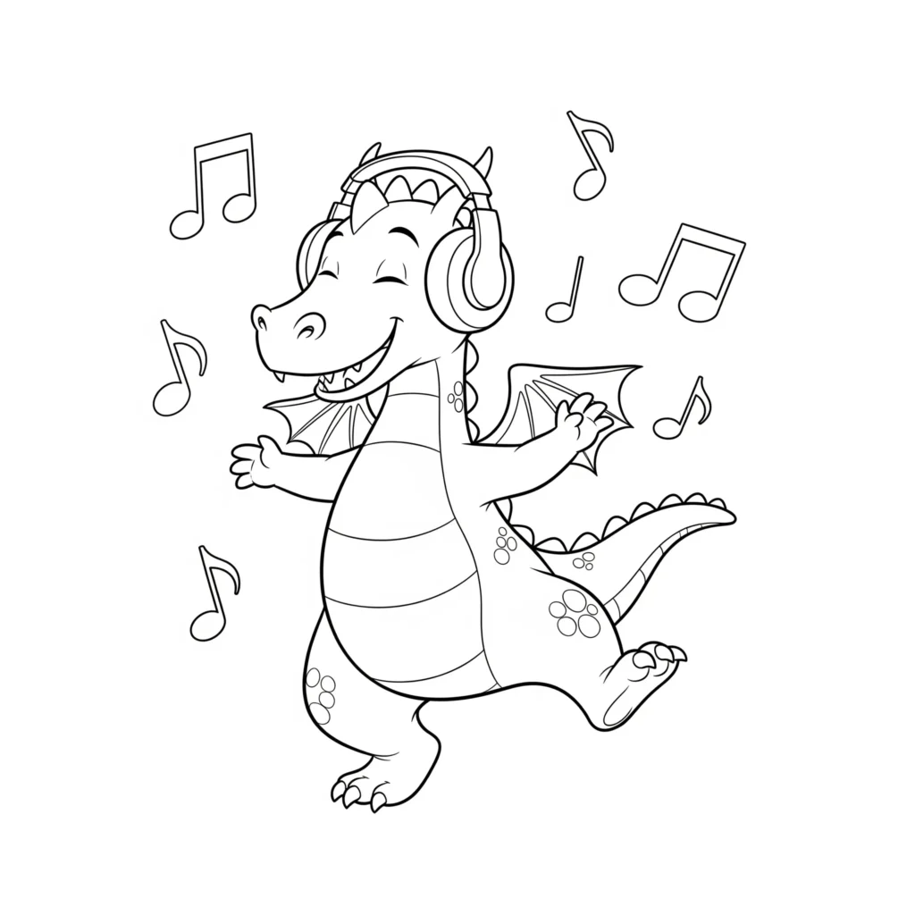30 Drachen Ausmalbilder (Kostenlos Malvorlage zum Ausdrucken) Fröhlicher Drache tanzt zu Musiknoten zum Ausmalen und Ausdrucken