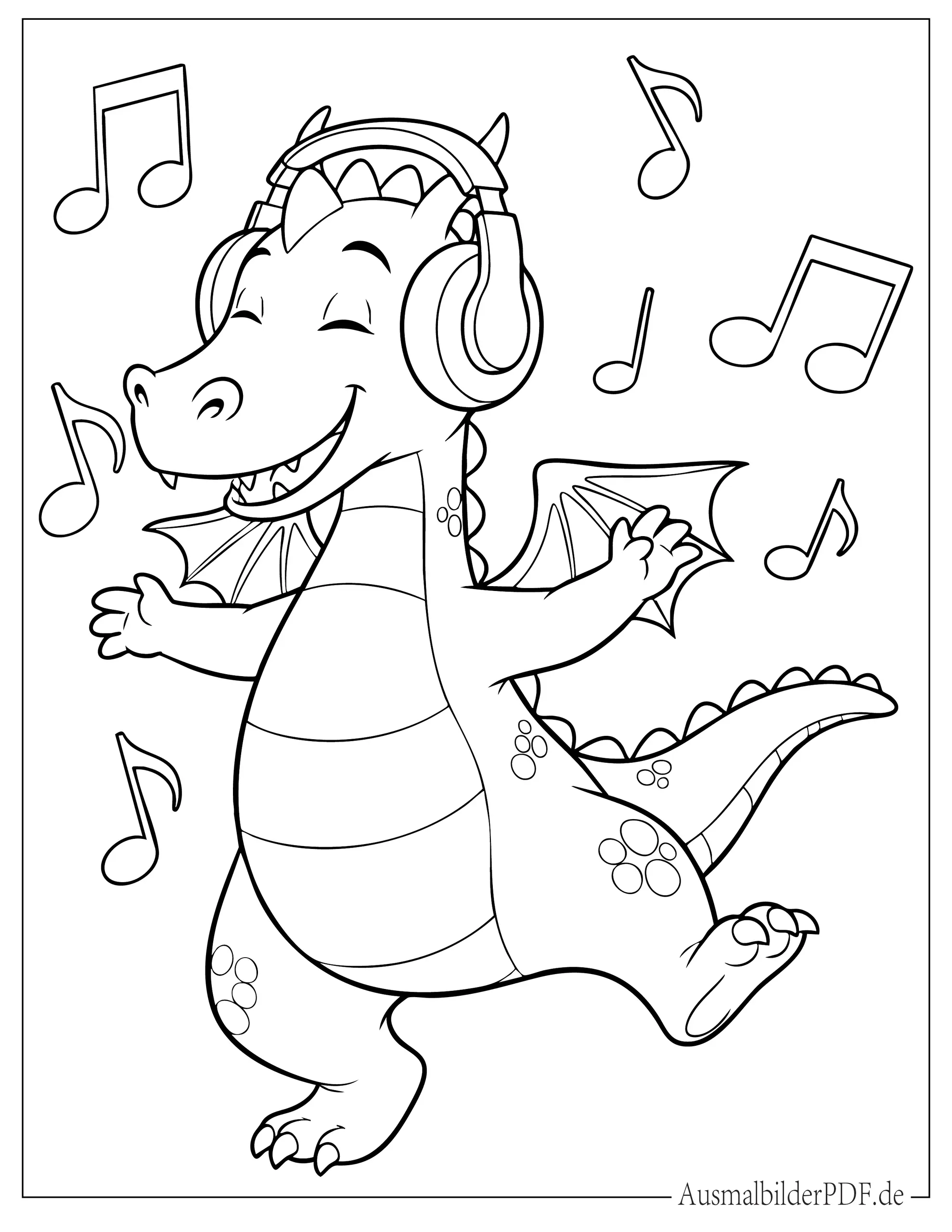 Tanzender Drache mit Musiknoten Ausdruckbare Ausmalbild