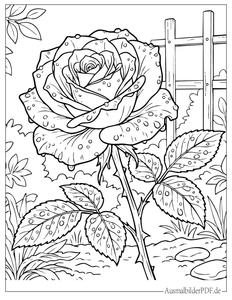 Ausmalbild einer taufrischen Rose mit Wassertropfen, ideal für Kinder zum Ausdrucken und Ausmalen zu Hause