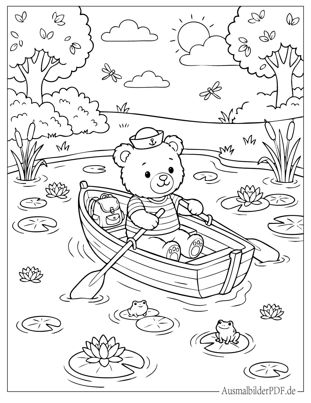 Teddybär rudert ein Boot durch einen friedlichen Teich mit Seerosen Malvorlage