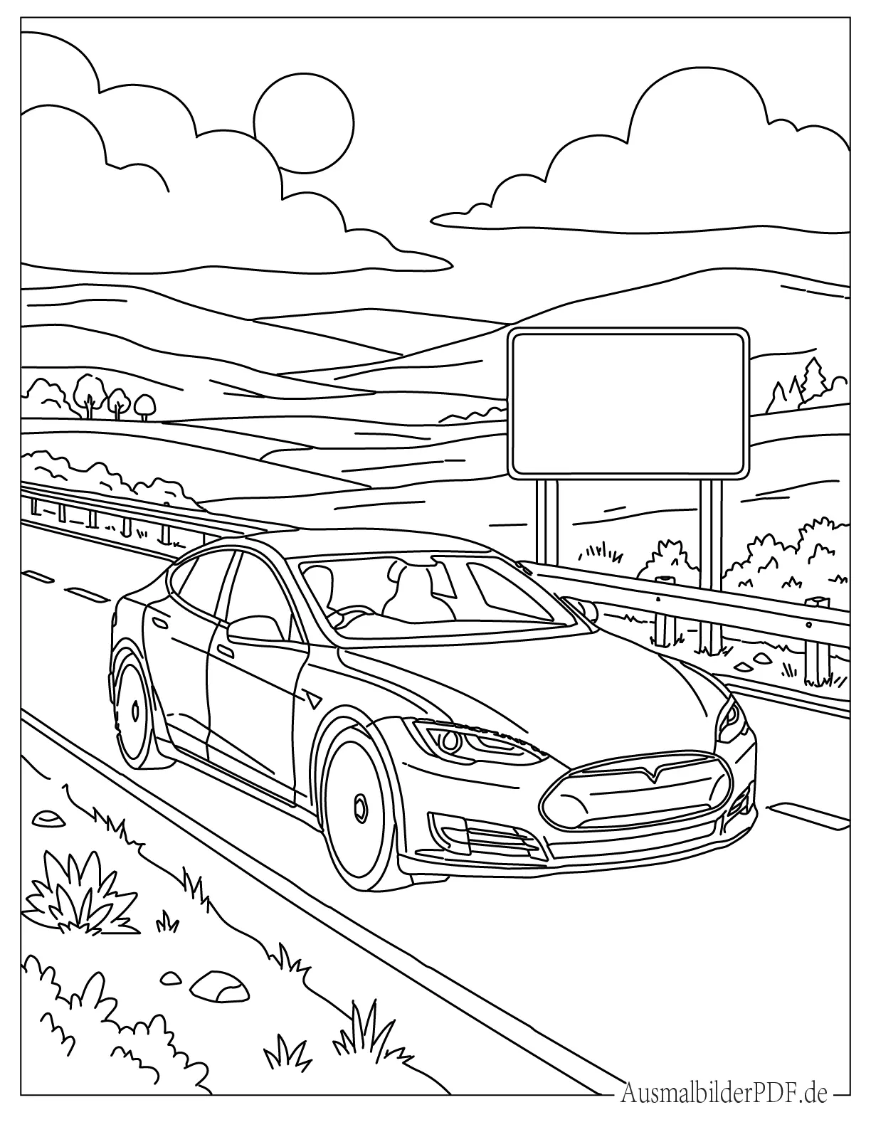 Tesla Model S fährt auf einer Autobahn Malvorlage