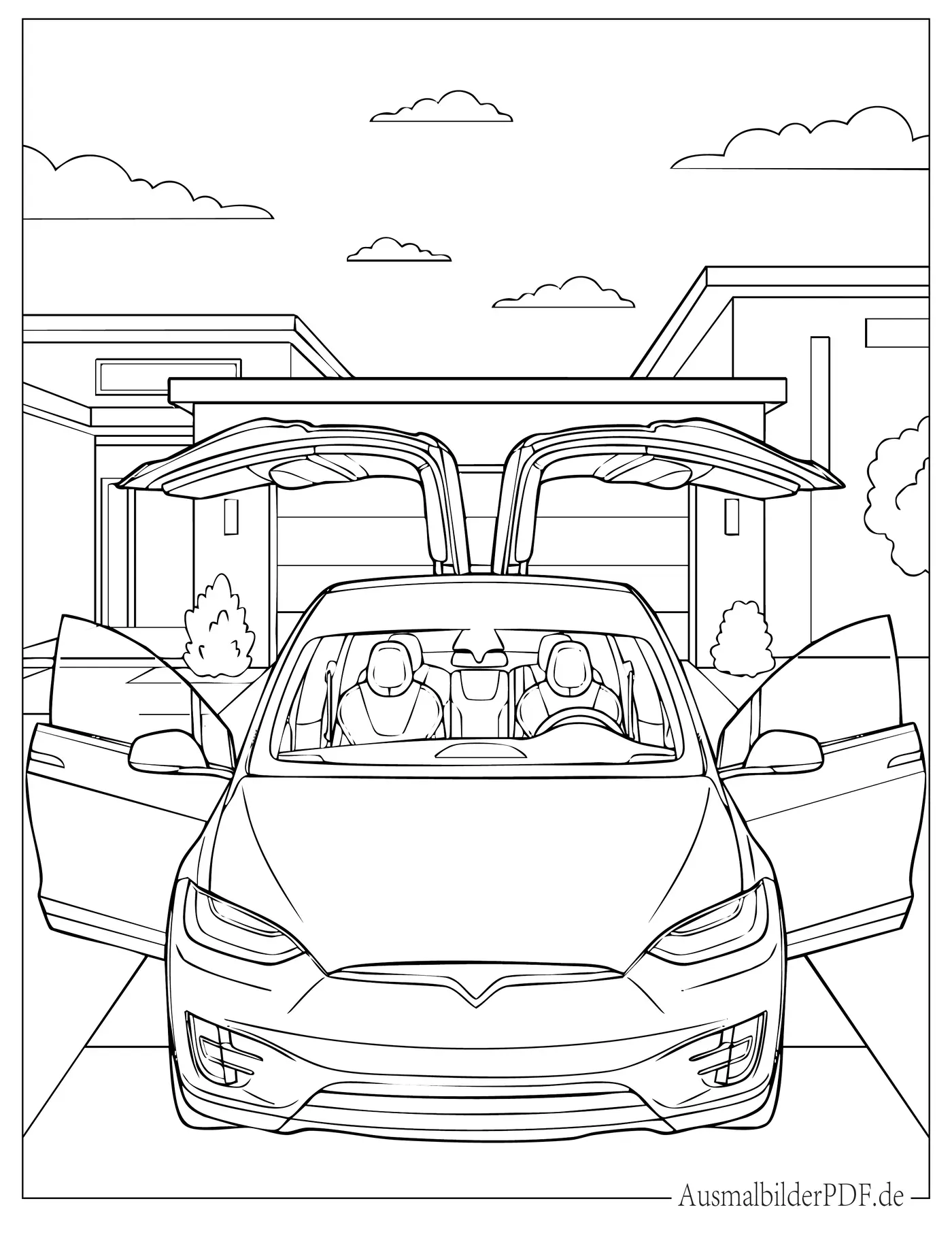 Tesla Model X mit geöffneten Flügeltüren Frontansicht Ausmalbild