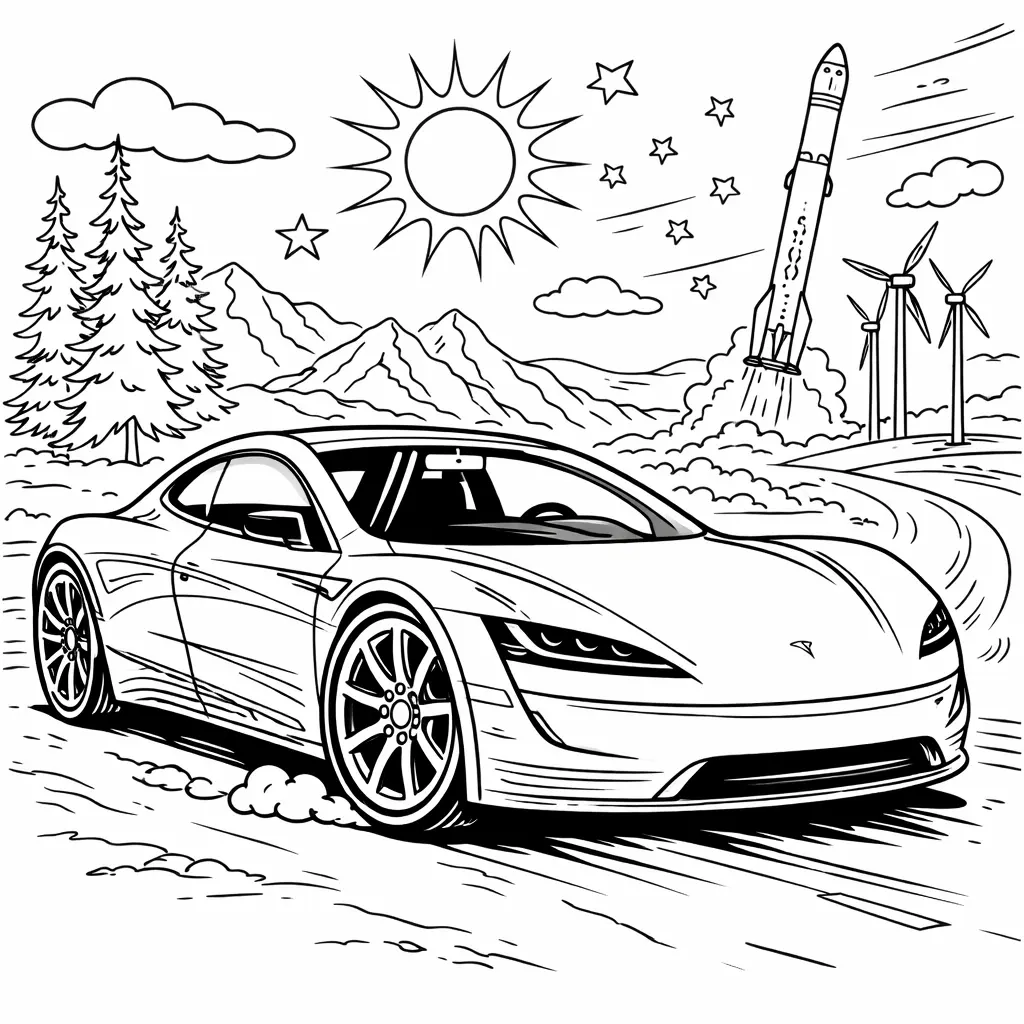 Detaillierter Tesla Roadster in diesem Ausmalbild zum Ausdrucken für Kinder und Erwachsene als kostenlose Malvorlage