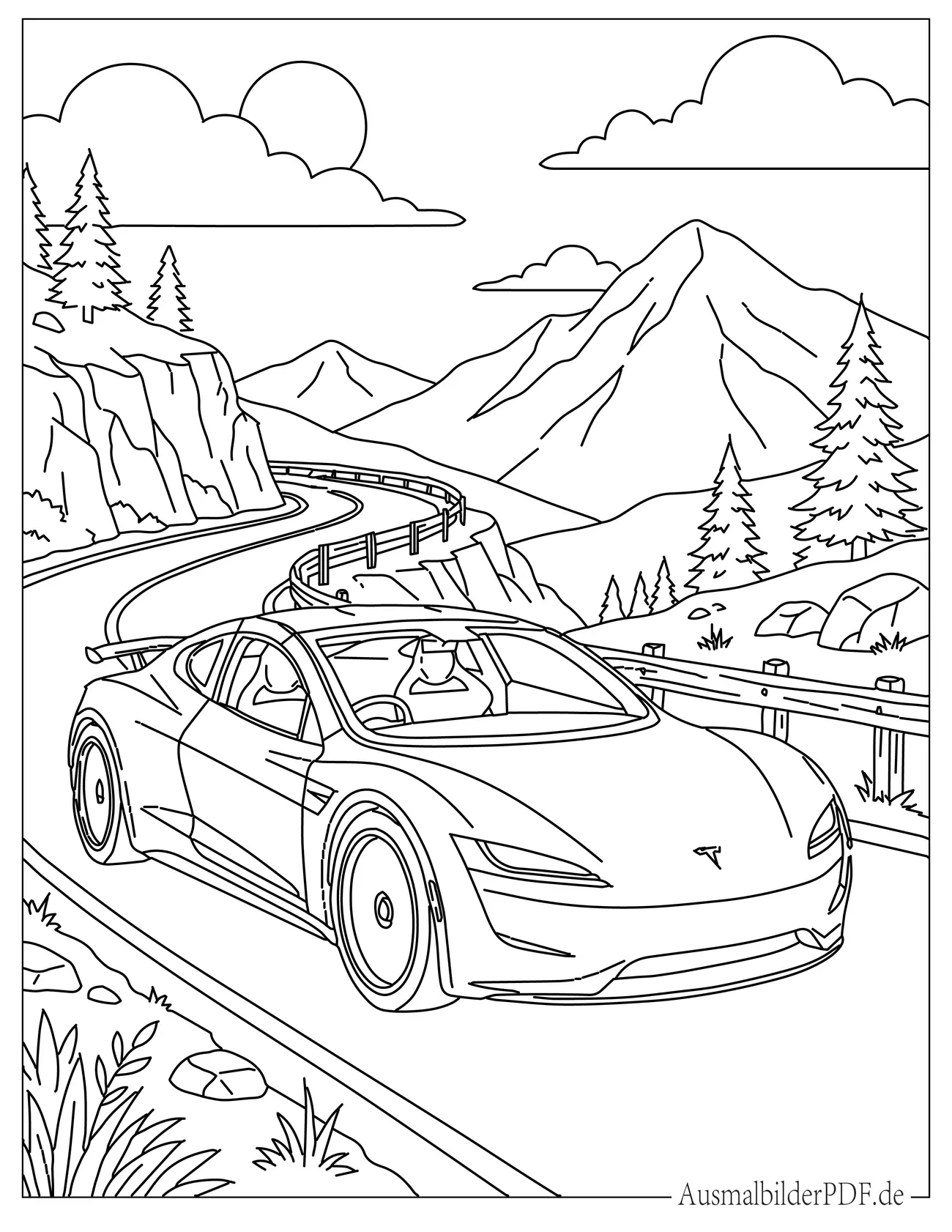 Tesla Roadster fährt auf einer Bergstraße zum Ausmalen