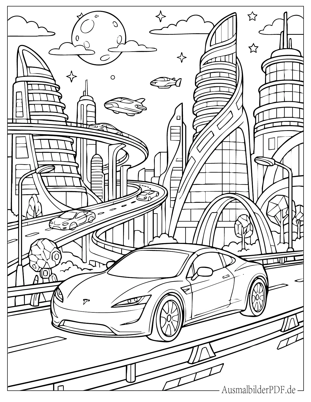 Tesla Roadster in einer futuristischen Stadt Ausmalbild