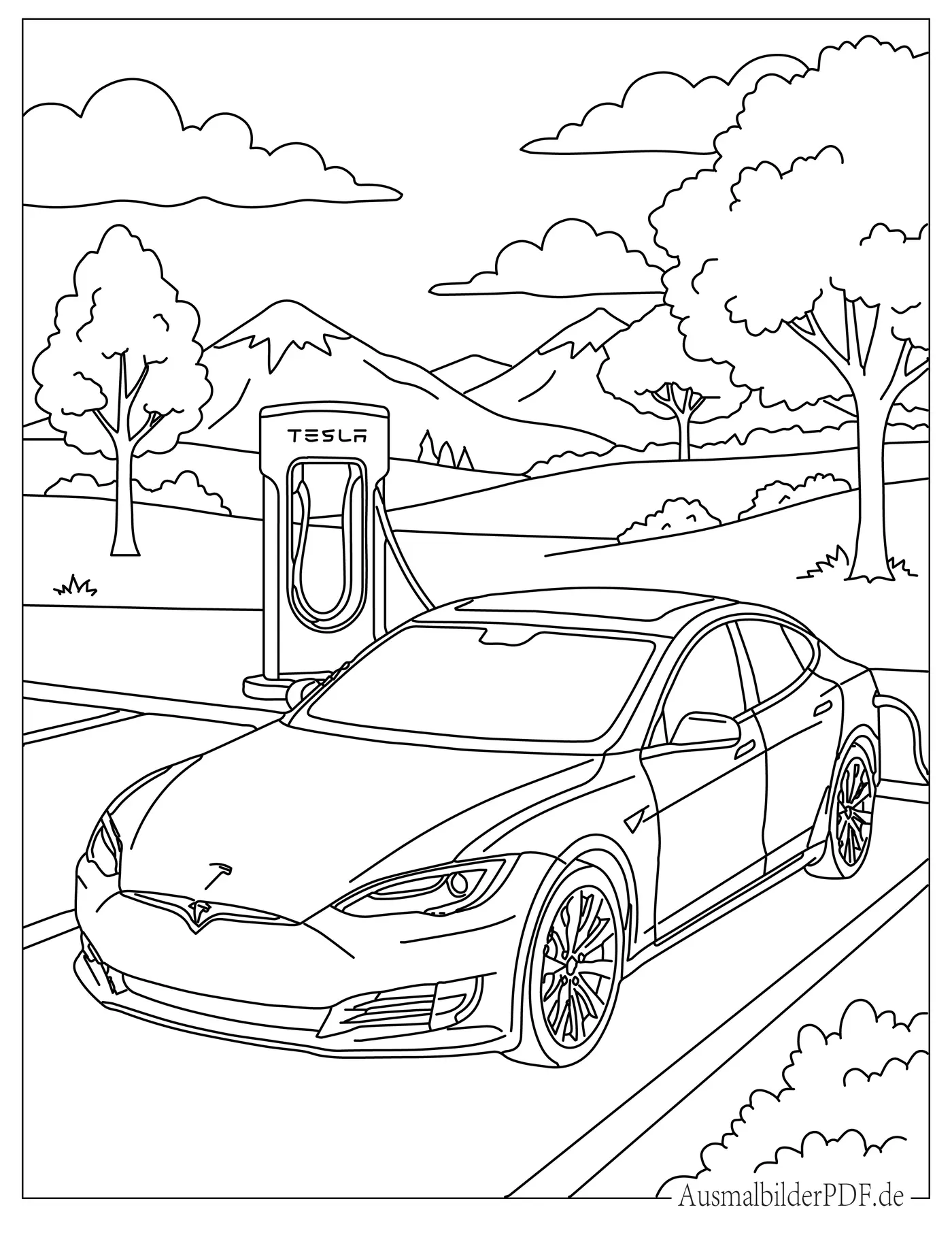 Tesla wird an einem Supercharger aufgeladen Ausmalbild