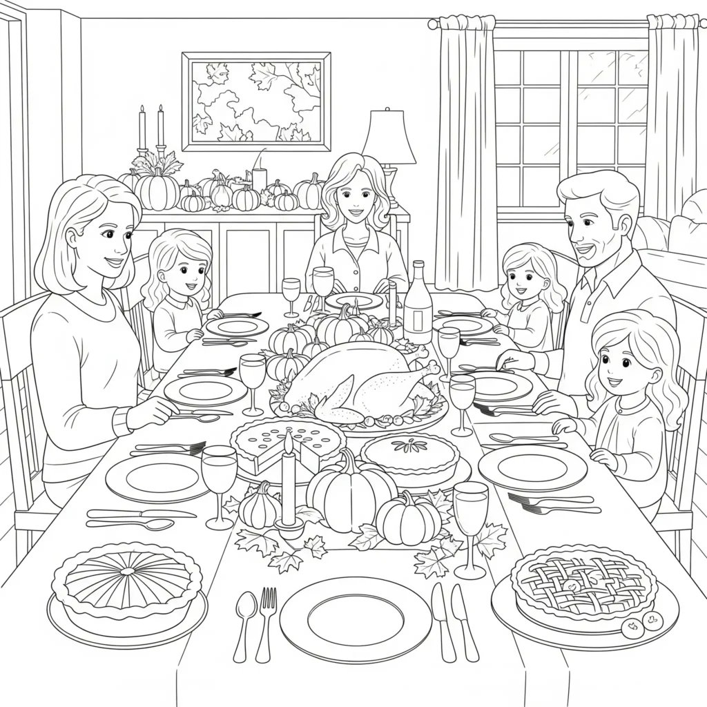 20+ Herbst Ausmalbilder (Kostenlos Malvorlage zum Ausdrucken) Ein festlich gedeckter Esstisch mit Truthahn, Gemüse, Kürbissen und herbstlicher Dekoration. Kinder können die Speisen und Details farbenfroh gestalten.