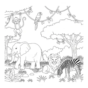 Tiere im Dschungel Ausmalbild mit verschiedenen wilden Motiven für Kinder und Erwachsene zum kostenlosen Ausdrucken und kreativen Ausmalen