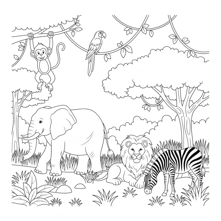 Tiere im Dschungel Ausmalbild mit verschiedenen wilden Motiven für Kinder und Erwachsene zum kostenlosen Ausdrucken und kreativen Ausmalen