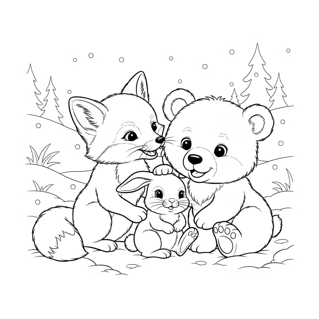 20+ Ausmalbilder Winter (Kostenlos Malvorlage zum Ausdrucken) Ausmalbild zeigt mehrere Tierkinder wie Fuchs, Hase und Rehkitz, die gemeinsam durch den Schnee tapsen. Ein liebevolles Wintermotiv zum Ausdrucken.