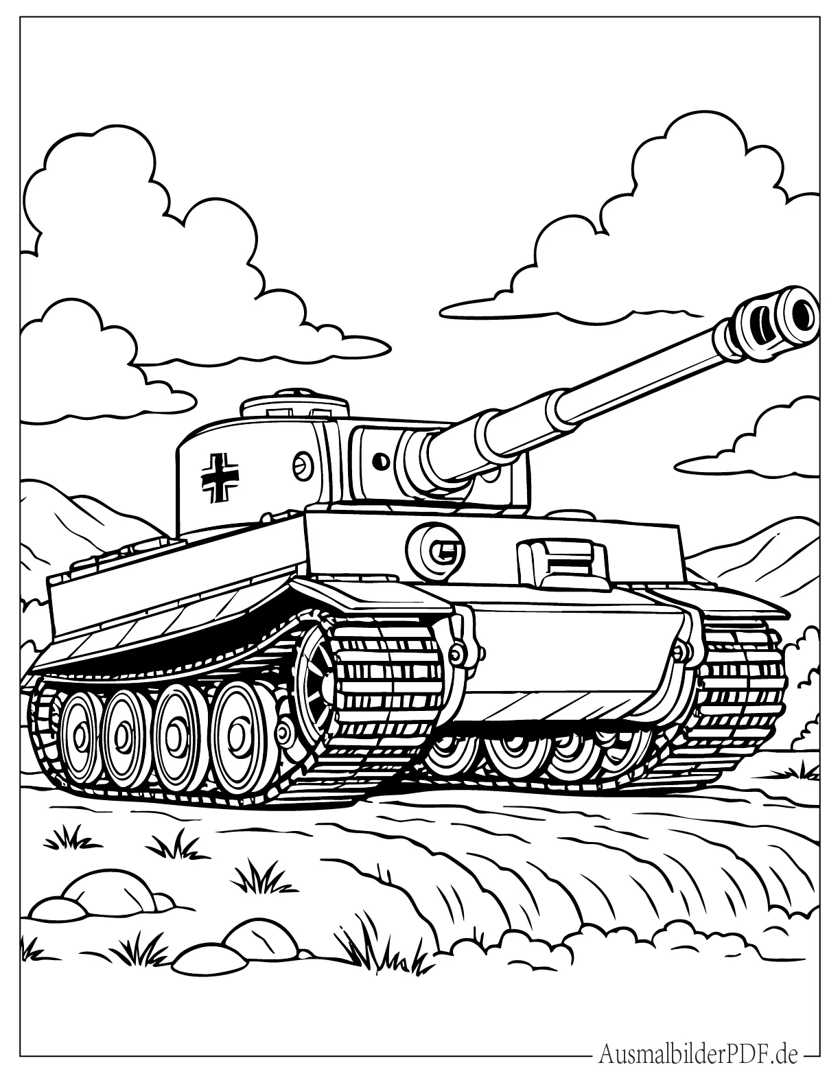 14 Panzer Ausmalbilder (Gratis Vorlagen zum Ausdrucken) Tiger 1 Panzer an kleinem Fluss Ausmalvorlage