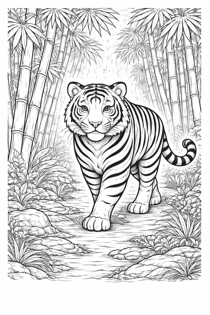 10+ Tiger Ausmalbilder (Gratis Malvorlage PDF zum drucken) Ausmalbild eines Tigers im Bambuswald als ruhige Vorlage zum Ausmalen