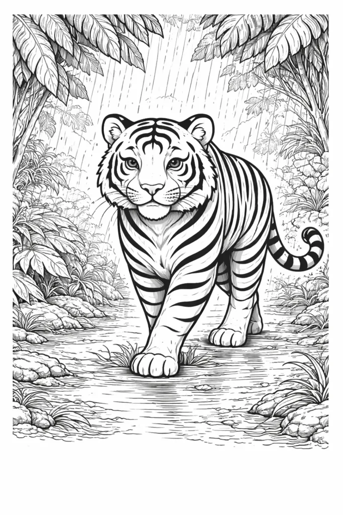 10+ Tiger Ausmalbilder (Gratis Malvorlage PDF zum drucken) Ausmalbild eines Tigers im Regen als kreative Vorlage für Kinder und Erwachsene
