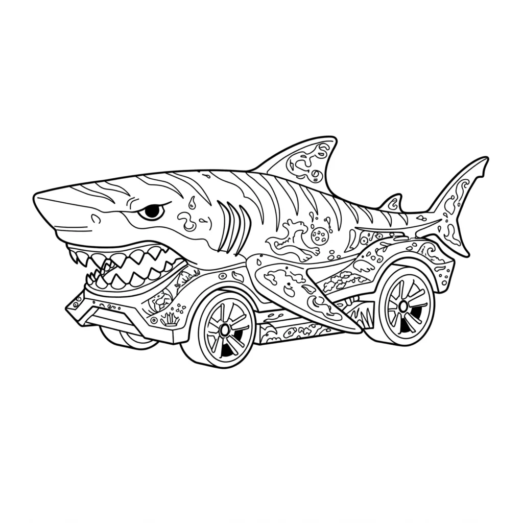 Kostenloses Hot Wheels Tiger Shark Ausmalbild als PDF. Perfekt für Kinder, die coole Hot Wheels Autos ausmalen möchten.