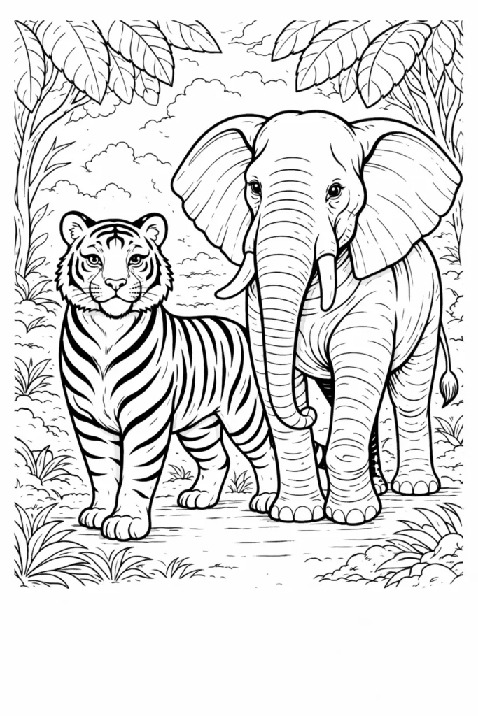 10+ Tiger Ausmalbilder (Gratis Malvorlage PDF zum drucken) Malvorlage zum Ausdrucken kostenlos zeigt einen Tiger und einen Elefanten zusammen als Ausmalbild für Kinder und Erwachsene