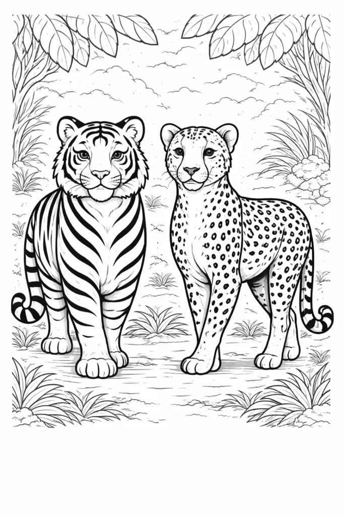 10+ Tiger Ausmalbilder (Gratis Malvorlage PDF zum drucken) Ausmalbild mit Tiger und Gepard als spannende Vorlage für Kinder und Erwachsene