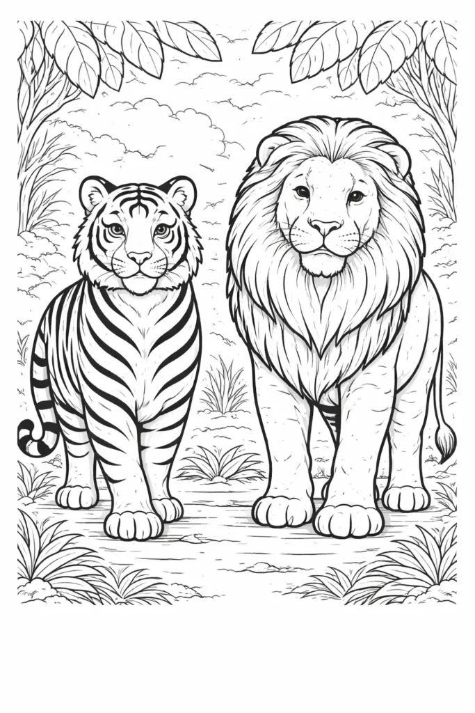 10+ Tiger Ausmalbilder (Gratis Malvorlage PDF zum drucken) Ausmalbild mit Tiger und Löwe als spannende Vorlage für Kinder und Erwachsene
