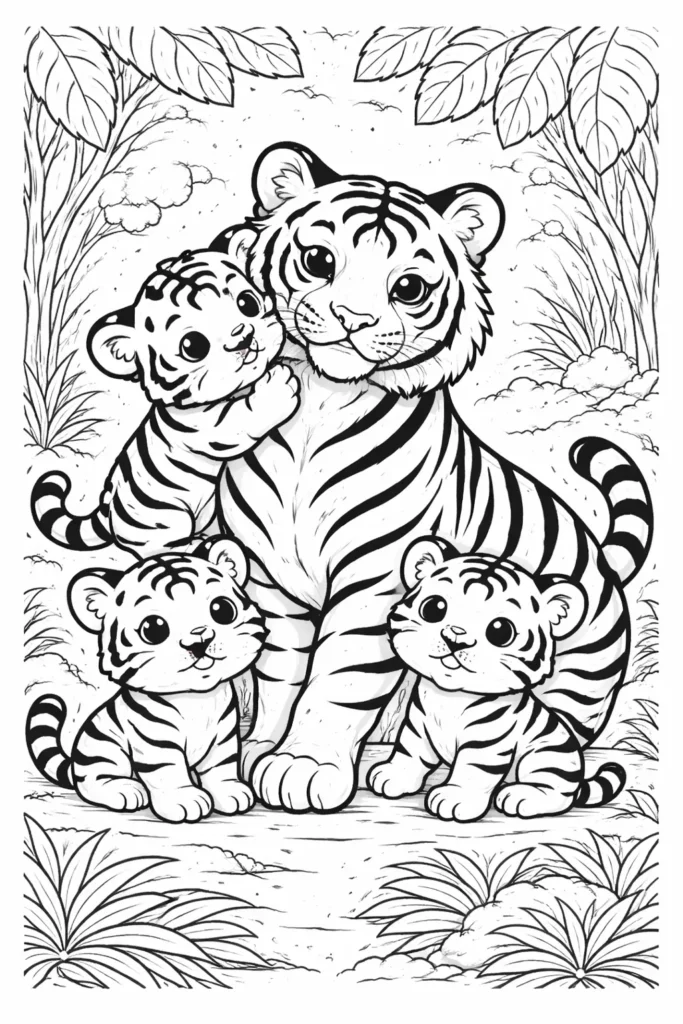 10+ Tiger Ausmalbilder (Gratis Malvorlage PDF zum drucken) Tigerfamilie Malvorlage zum Ausdrucken kostenlos zeigt Muttertiger mit ihren Welpen für Kinder und Erwachsene