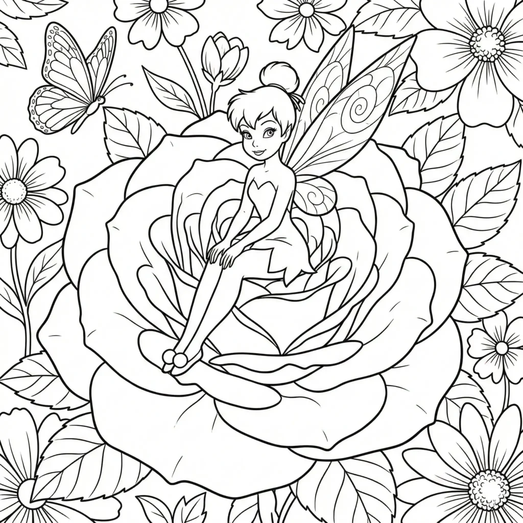 10+ Tinkerbell Ausmalbilder (Gratis Malvorlage PDF drucken) Tinkerbell Ausmalblatt die auf einer großen Blume sitzt, perfekt für Kinder zum Ausdrucken und Ausmalen geeignet