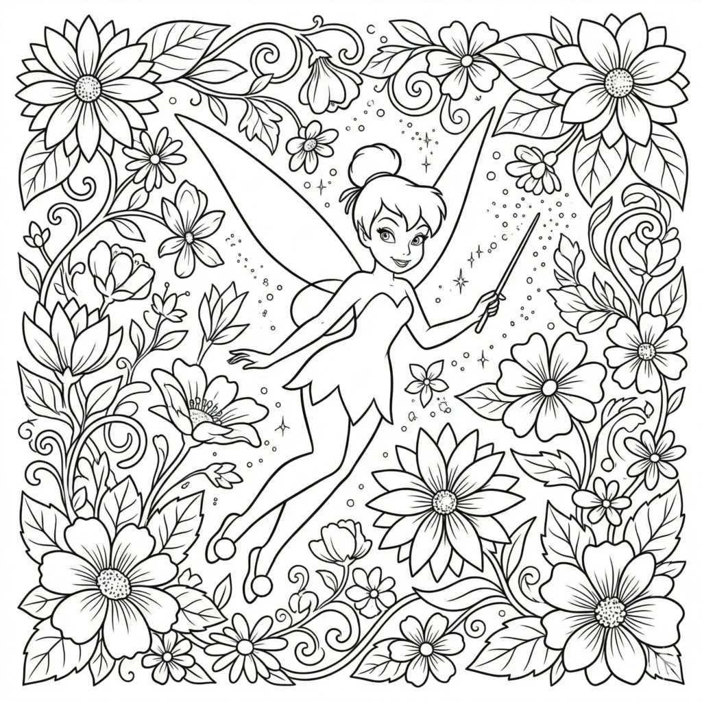 10+ Tinkerbell Ausmalbilder (Gratis Malvorlage PDF drucken) Ausmalbild von Tinkerbell, umgeben von Blumen und Schmetterlingen, für Kinder zum Ausdrucken und Ausmalen geeignet