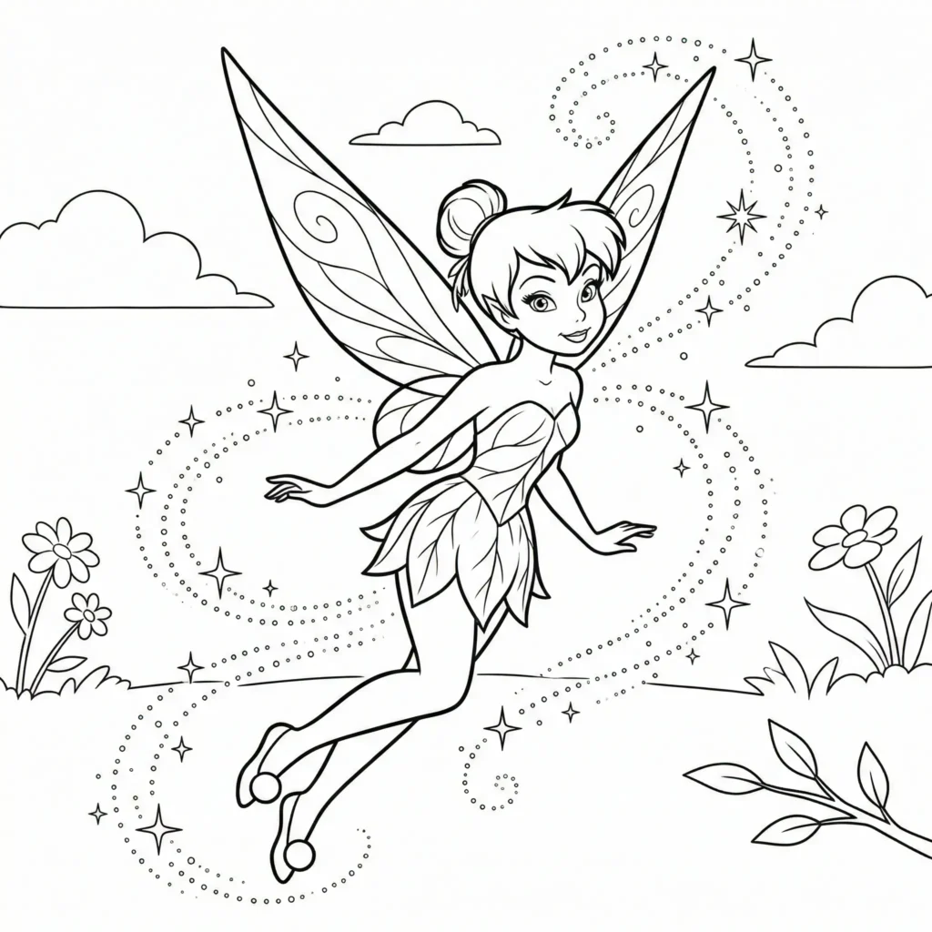 10+ Tinkerbell Ausmalbilder (Gratis Malvorlage PDF drucken) Ausmalbild von Tinkerbell im Flug, mit funkelnden Sternen umgeben, ideal für Kinder zum Ausdrucken und Ausmalen