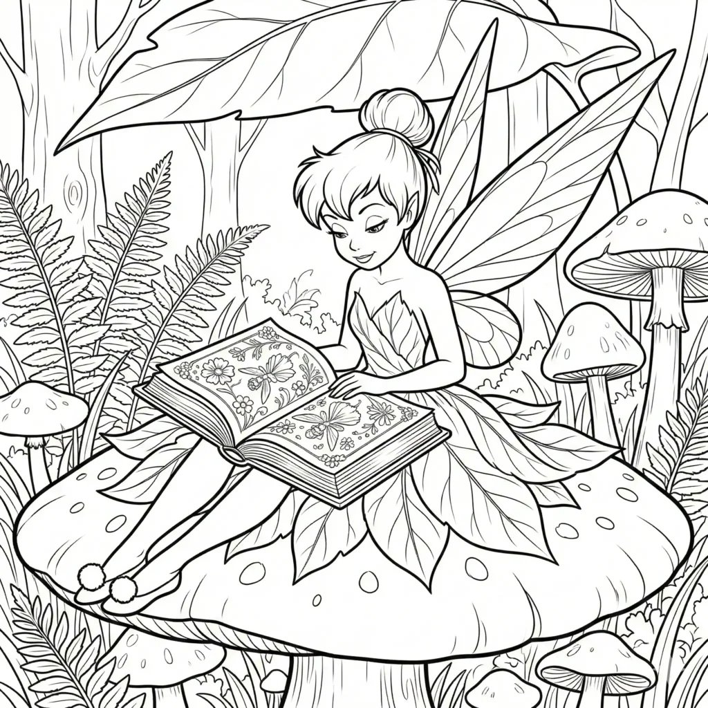 10+ Tinkerbell Ausmalbilder (Gratis Malvorlage PDF drucken) Tinkerbell sitzt mit offenem Buch auf dem Schoß, niedliches Ausmalblatt für Kinder zum Ausdrucken und Ausmalen