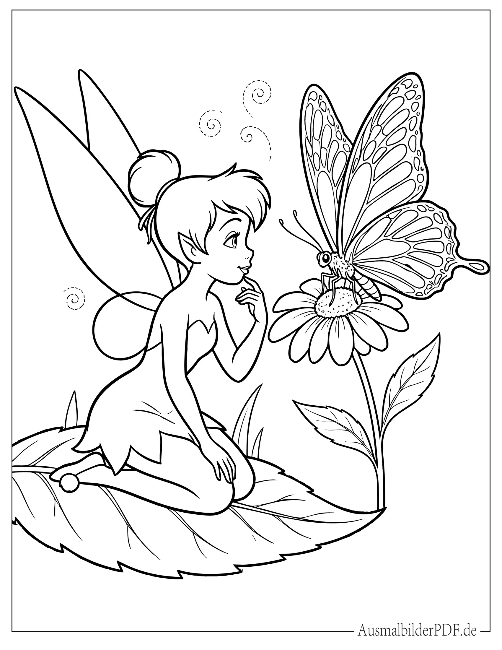 Niedliche Tinkerbell sitzt auf Blatt mit Schmetterling Ausmalvorlage