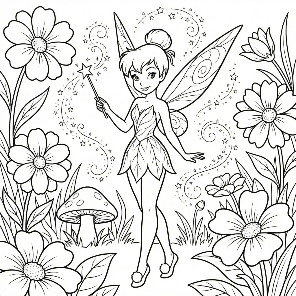 10+ Tinkerbell Ausmalbilder (Gratis Malvorlage PDF drucken) Tinkerbell hält einen kleinen Stern-Zauberstab in der Hand, süßes Ausmalblatt für Kinder zum Ausdrucken und Ausmalen