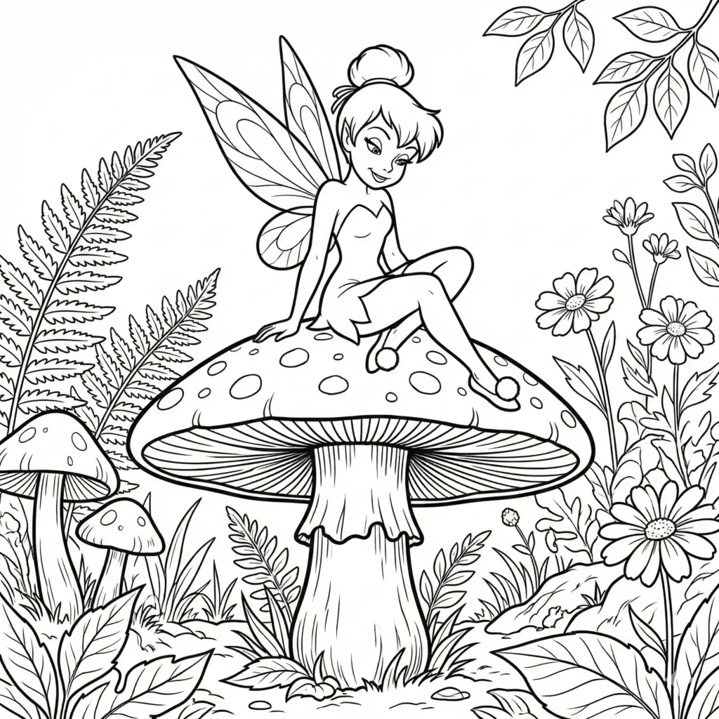 10+ Tinkerbell Ausmalbilder (Gratis Malvorlage PDF drucken) Tinkerbell Vorlage die auf einem großen Waldpilz sitzt, ideal für Kinder zum Ausdrucken und Ausmalen