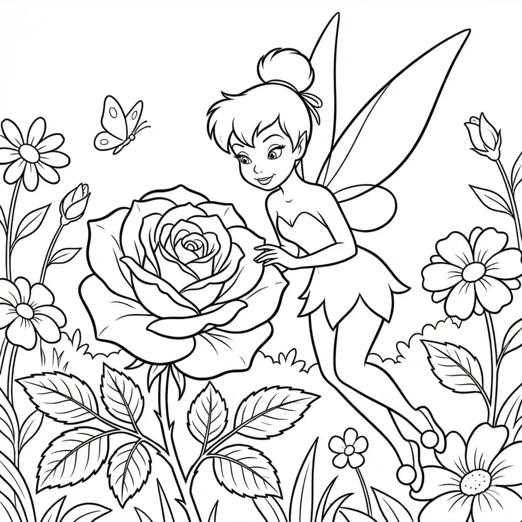 10+ Tinkerbell Ausmalbilder (Gratis Malvorlage PDF drucken) Tinkerbell betrachtet eine große Rose, süßes Ausmalblatt für Kinder zum Ausdrucken und Ausmalen geeignet