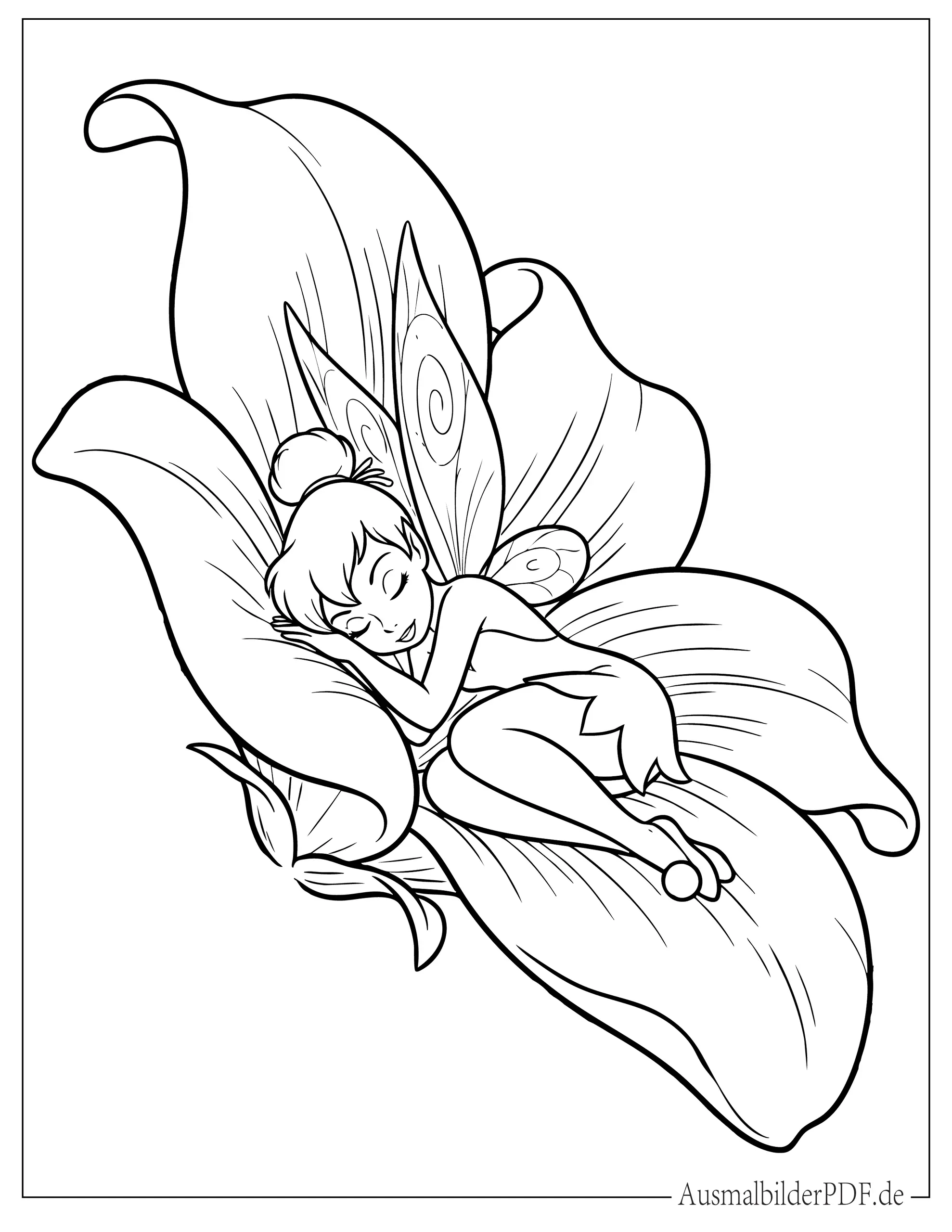 Einfache Tinkerbell schläft auf Blütenblatt zum Ausmalen für Kinder