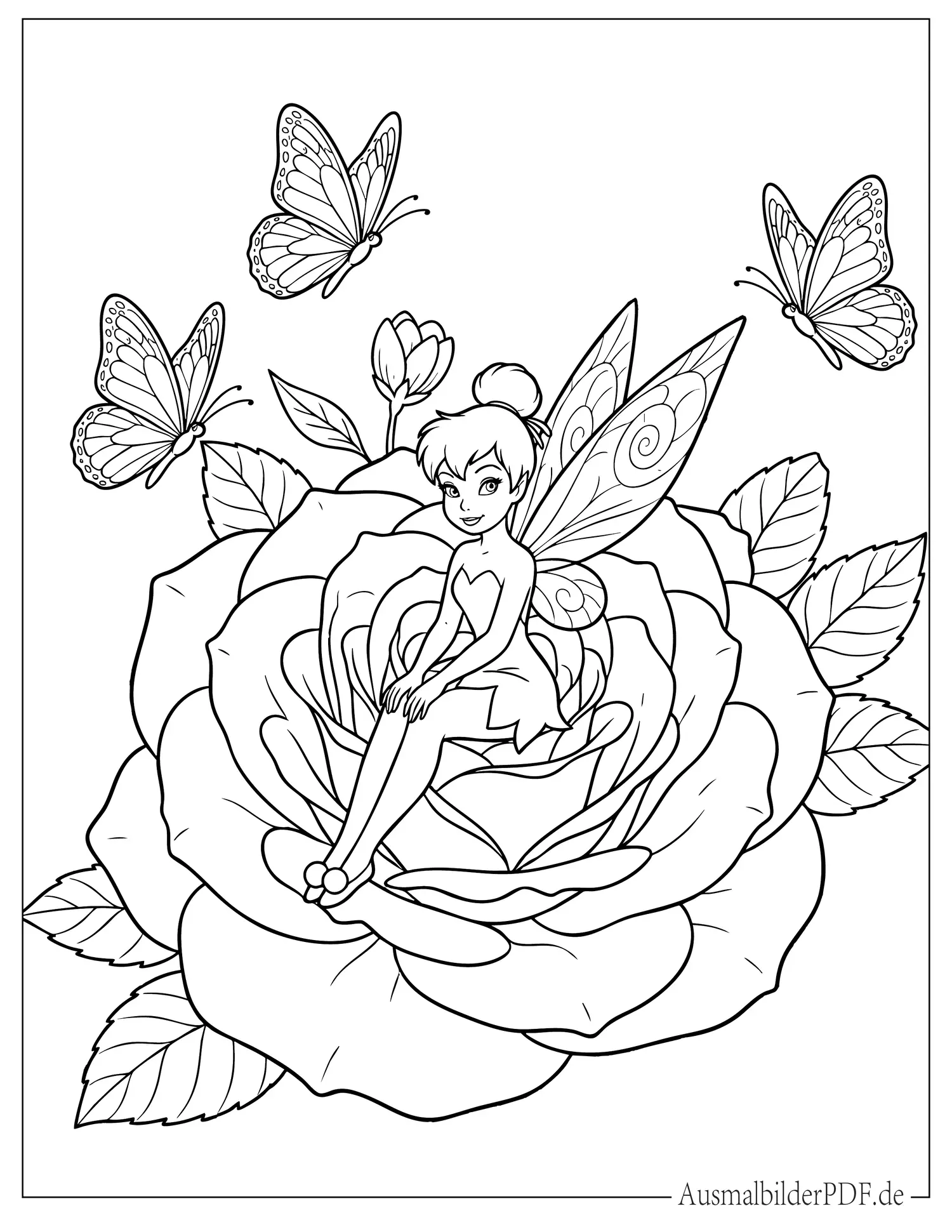 Tinkerbell sitzt auf Rose mit Schmetterlingen drumherum Malvorlage